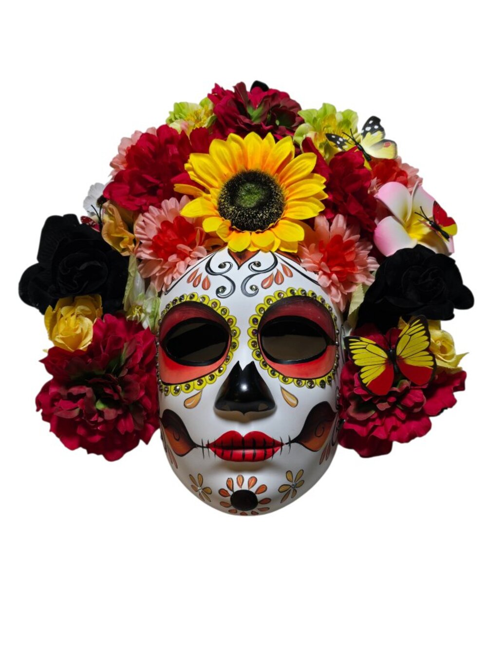 Day of the Dead Sugar Skull Mask 16" Floral Crown Butterfly Catrina
